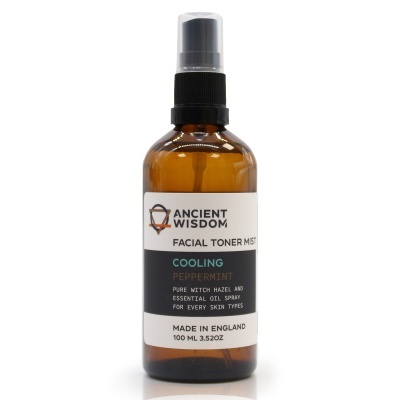 Frasco âmbar de spray facial toner mist com rótulo Ancient Wisdom