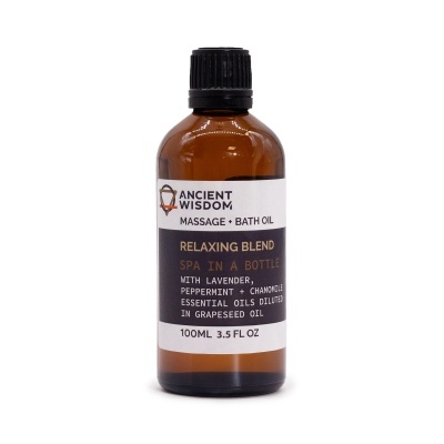Frasco de óleo para massagem e banho com rótulo Ancient Wisdom Relaxing Blend
