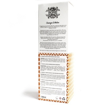 Caixa branca com padrão laranja e texto em inglês para difusor AS HOME