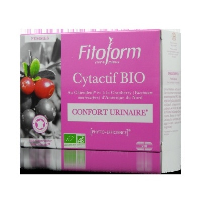 Embalagem rosa e branca de suplemento Fitofrom Cytactif BIO para conforto urinário com imagem de bagas
