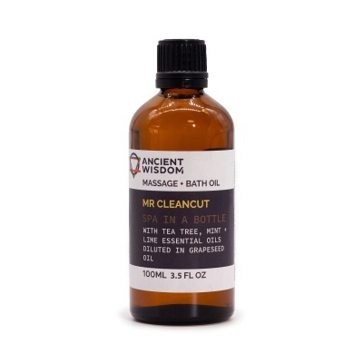 Frasco de óleo para massagem e banho Ancient Wisdom em vidro âmbar com rótulo preto e branco