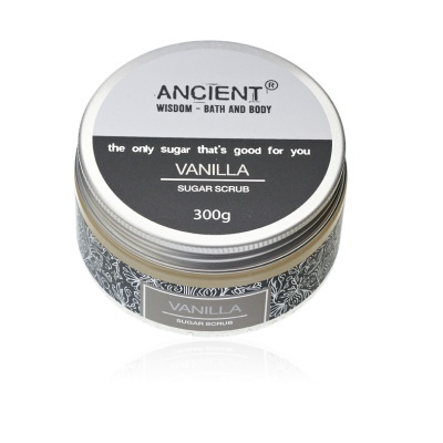Esfoliante de açúcar ANCIENT Vanilla com embalagem prateada e padrão floral