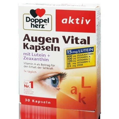 Embalagem de cápsulas Doppel herz aktiv Augen Vital Kapseln com composição e benefícios para visão