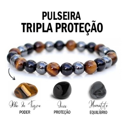 Pulseira de contas de Olho de Tigre, Ônix e Hematita com texto explicativo em fundo branco
