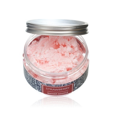 Frasco com esfoliante corporal rosa e tampa metálica