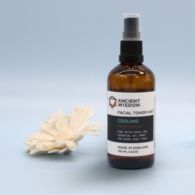 Frasco de toner facial com pulverizador e flor branca sobre fundo azul claro