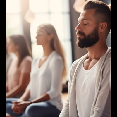 Três pessoas a meditar sentadas com as pernas cruzadas em ambiente iluminado pela luz natural
