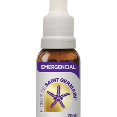 Frasco de vidro âmbar com conta-gotas branco e rótulo com texto Emergencial e Florais de Saint Germain
