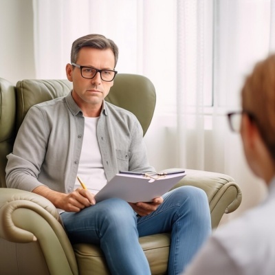 Homem sentado numa poltrona verde a segurar prancheta com papel branco