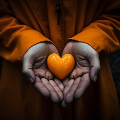 Mãos segurando um coração laranja com casaco laranja ao fundo