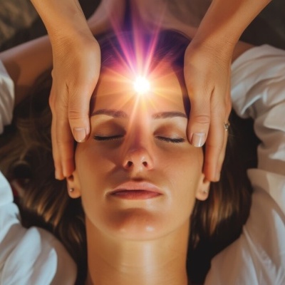Mulher com olhos fechados a receber toque na cabeça, com luz brilhante na testa