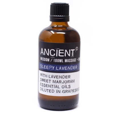 Frasco de óleo essencial Ancient Sleepy Lavender de vidro castanho com tampa preta e etiqueta com texto