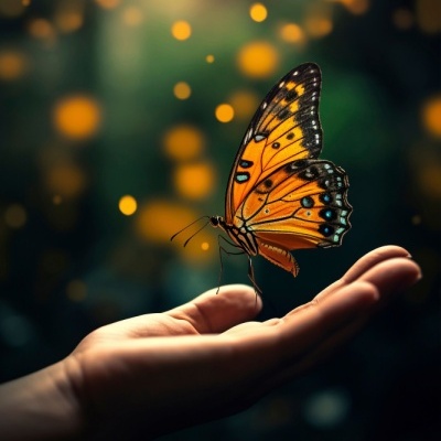 Mão humana com borboleta laranja e preta pousada junto a luzes desfocadas