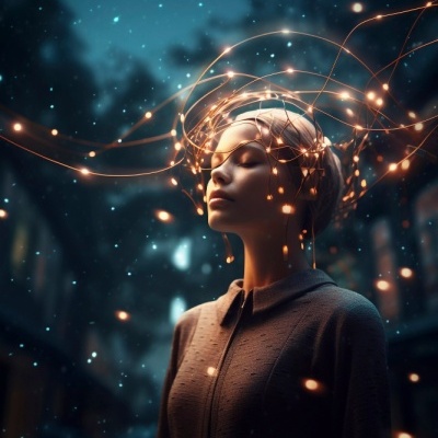 Pessoa com turbante e luzes douradas flutuantes à volta da cabeça à noite