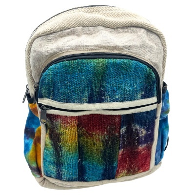 Mochila pequena bege com bolso frontal multicolorido e fechos zip