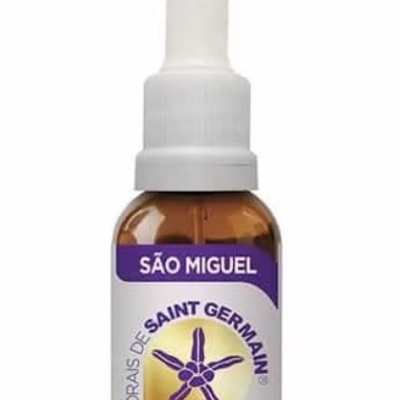 Frasco âmbar com conta-gotas branco, rótulo SÃO MIGUEL das FLORAS DE SAINT GERMAIN
