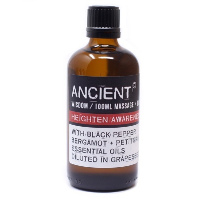 Frasco de óleo de massagem Ancient de vidro âmbar com tampa preta e etiquetas com texto explicativo