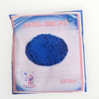 Pacote de pó azul com rótulo ANIL EM PÓ e peso 15 Gr