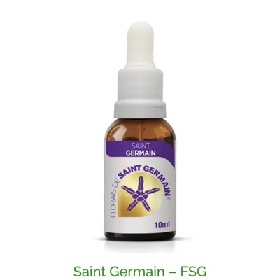 Frasco âmbar com conta-gotas, rótulo branco e roxo, texto 'FLORAS DE SAINT GERMAIN', capacidade 10ml