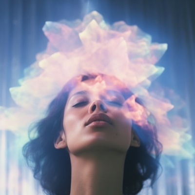 Mulher com efeito de luzes coloridas roxas, azuis e rosas em volta da cabeça