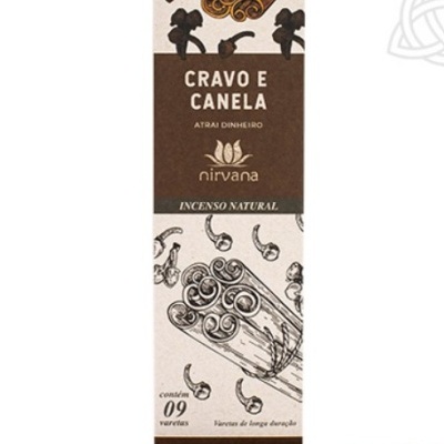 Embalagem de incenso natural Cravo e Canela da marca Nirvana com 09 varetas.