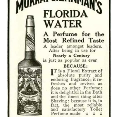 Anúncio vintage de perfume Florida Water com imagem do frasco e texto promocional