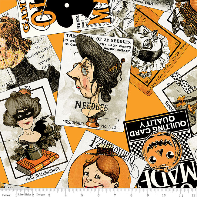 Tecido estampado com ilustrações e textos em preto, branco, laranja e bege