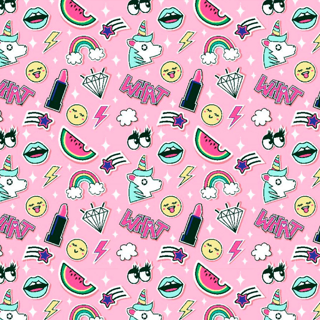 Padrão colorido com desenhos de unicórnios, melancias, diamantes, emojis e raios sobre fundo rosa