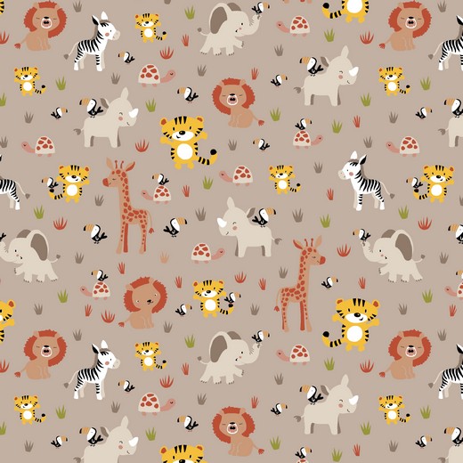 Padrão infantil de animais da selva sobre fundo castanho claro