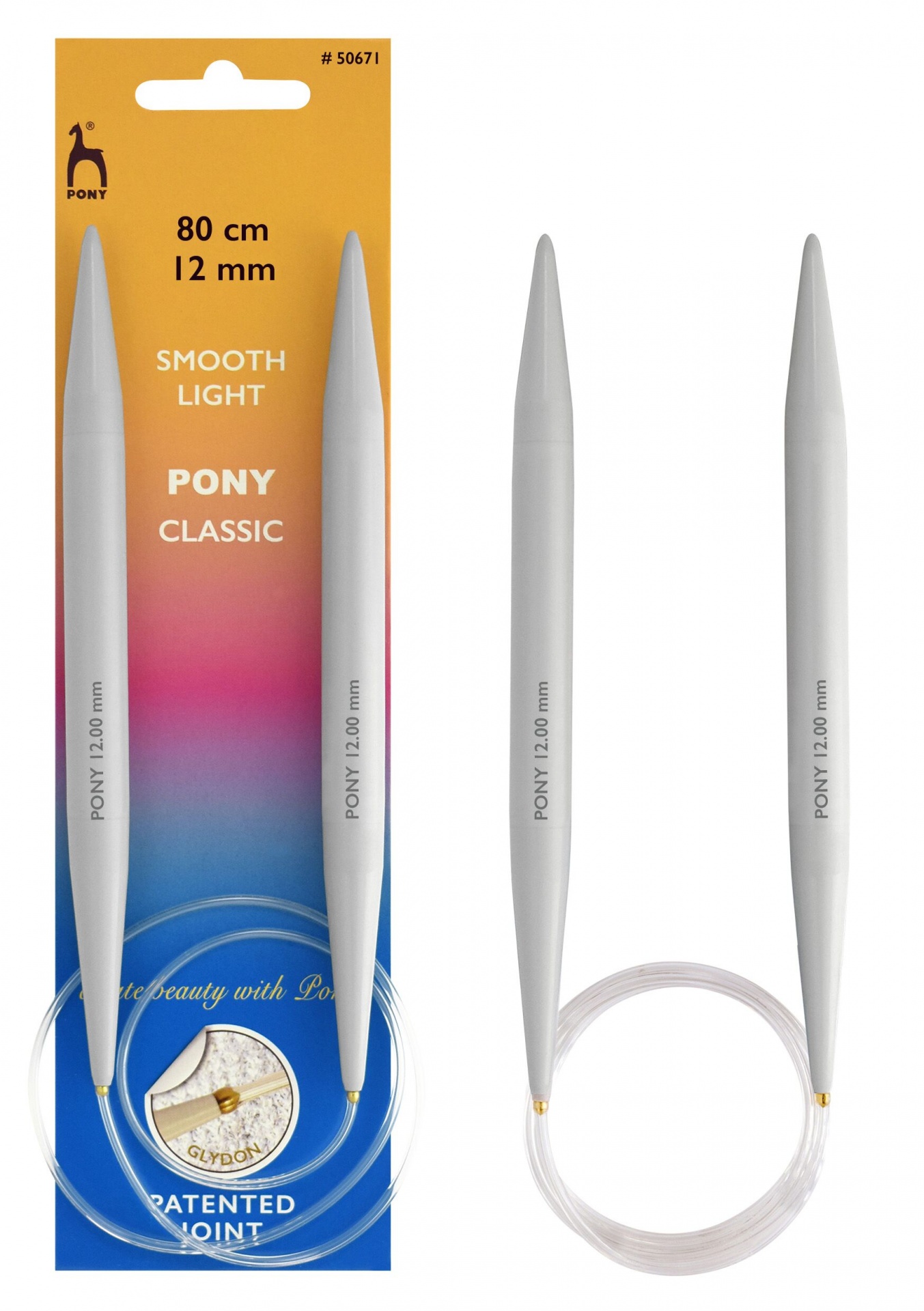 Agulhas circulares de tricô brancas PONY CLASSIC 80 cm 12 mm com cabo transparente em embalagem