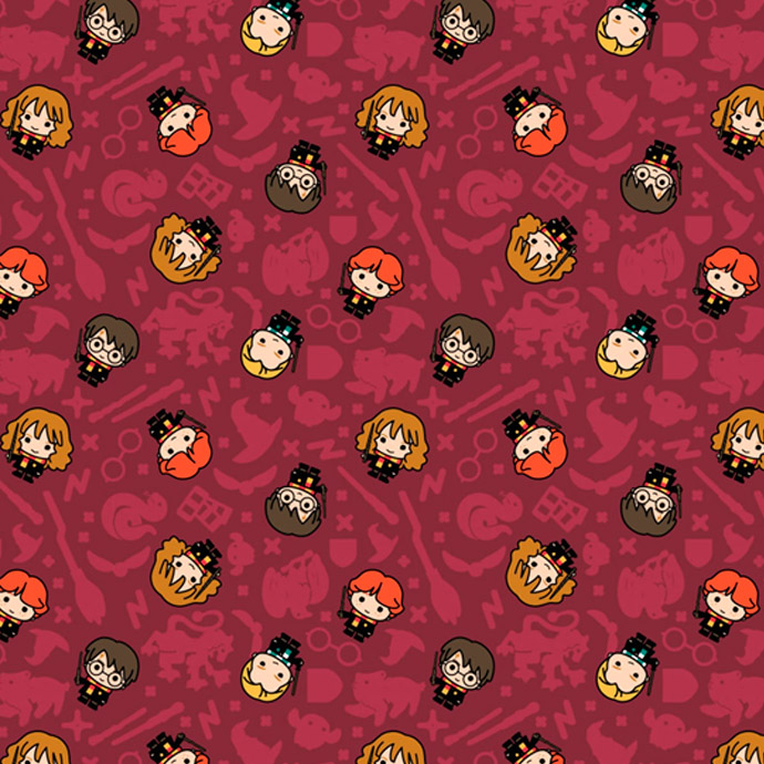 Padrão repetitivo com personagens estilizados de Harry Potter em fundo vermelho.