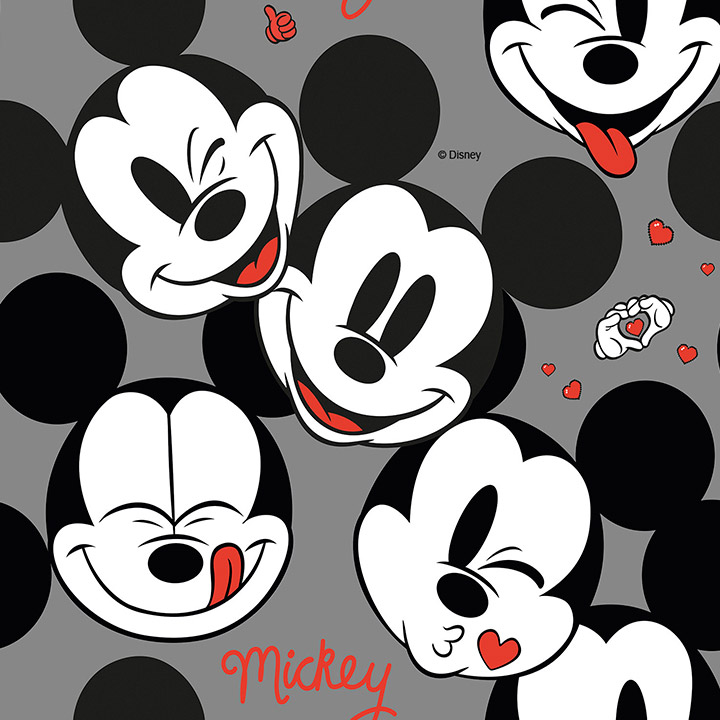 Padrão de rostos do Mickey Mouse com texto 'Mickey' e corações vermelhos