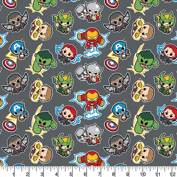 Tecido com padrão de super-heróis coloridos em fundo cinza