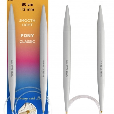 Agulhas circulares de tricô brancas PONY CLASSIC 80 cm 12 mm com cabo transparente em embalagem