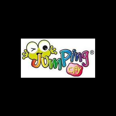 Logo colorido Jumping Clay com figura amarela divertida