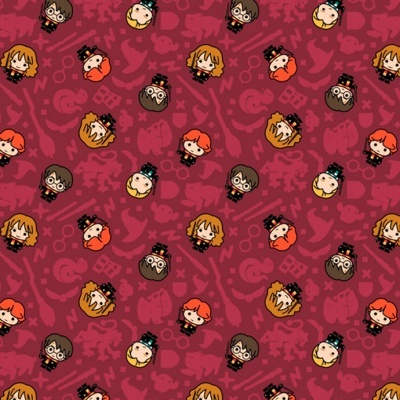 Padrão repetitivo com personagens estilizados de Harry Potter em fundo vermelho.