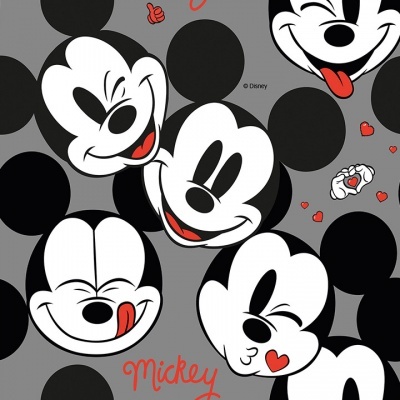 Padrão de rostos do Mickey Mouse com texto 'Mickey' e corações vermelhos