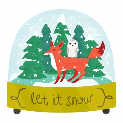 O Natal está aí! Globo de neve com raposa, coruja e árvores sobre base amarela com texto LET IT SNOW