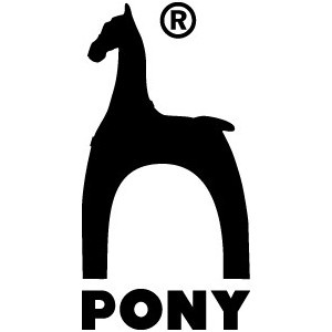 Logotipo preto de cavalo estilizado e texto PONY em fundo branco