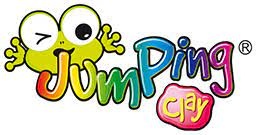 Logo colorido Jumping Clay com figura amarela divertida