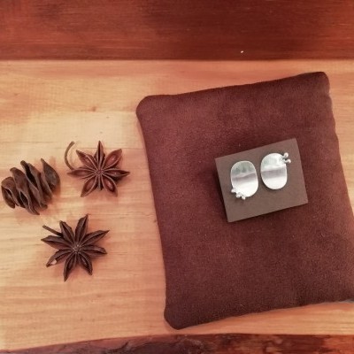 Brincos ovais prateados na almofada castanha com anis e sementes num fundo de madeira clara