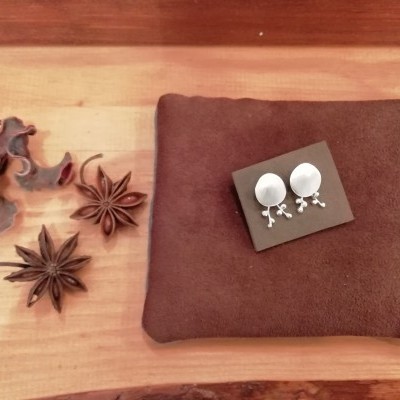 Brincos prateados sobre cartão cinza e almofada castanha com anis-estrelado ao lado.