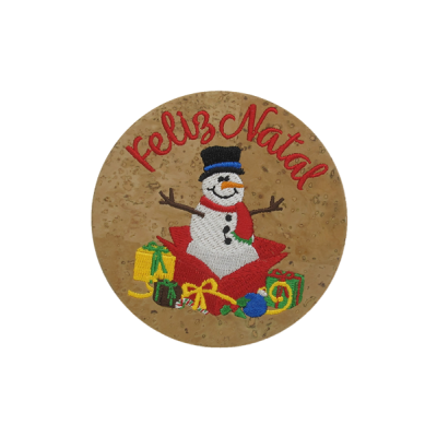 Adesivo redondo de cortiça com boneco de neve e texto Feliz Natal