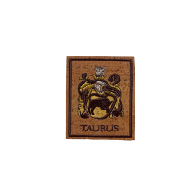 Etiqueta quadrada com desenho de touro e texto Taurus em castanho