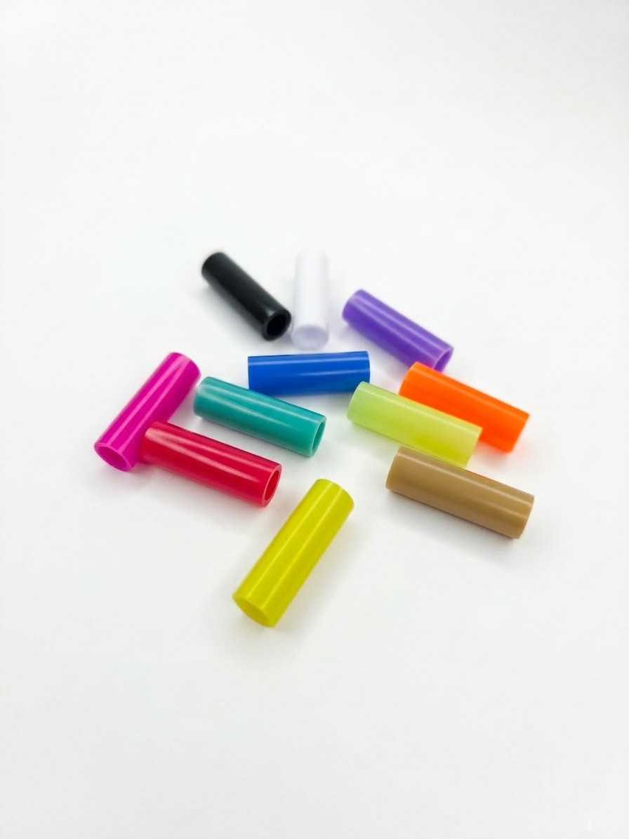 Colorful cylindrical plastic tubes on white background