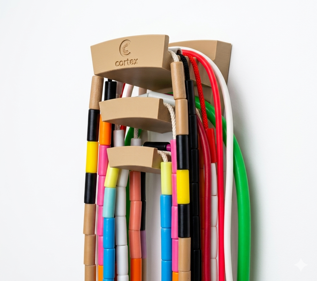 Colorful jump ropes with plastic handles on a beige holder labeled cortex