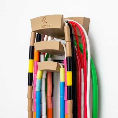 Colorful jump ropes with plastic handles on a beige holder labeled cortex