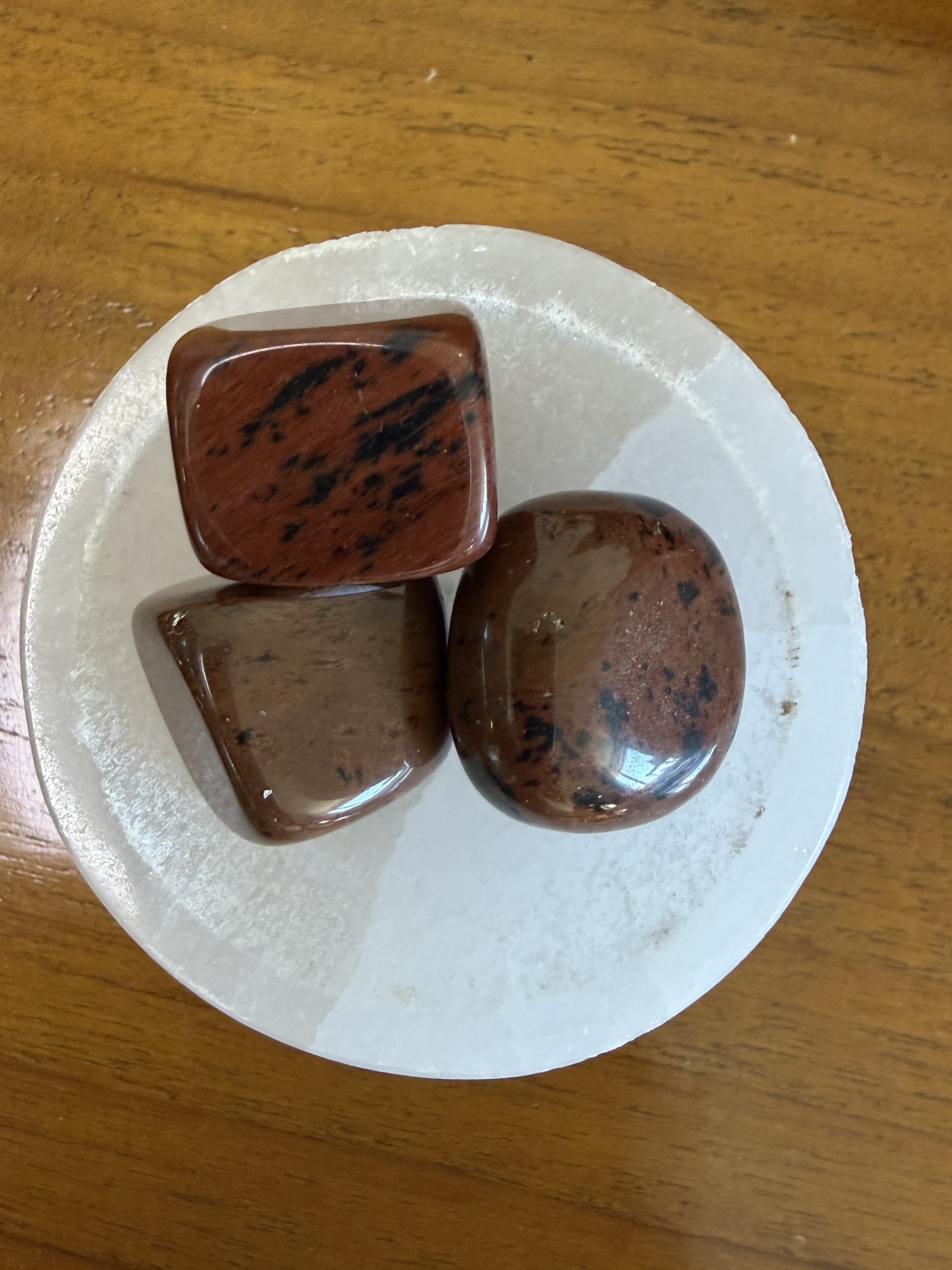 Três pedras polidas castanhas com manchas pretas num prato branco sobre mesa de madeira
