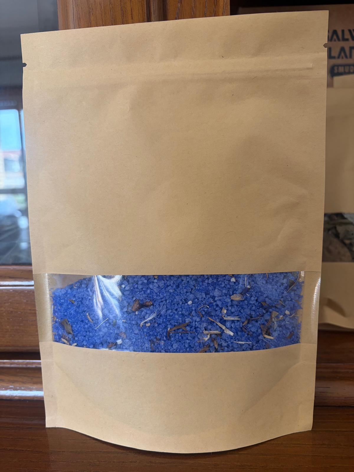 Saco de papel kraft com janela transparente e cristais azuis