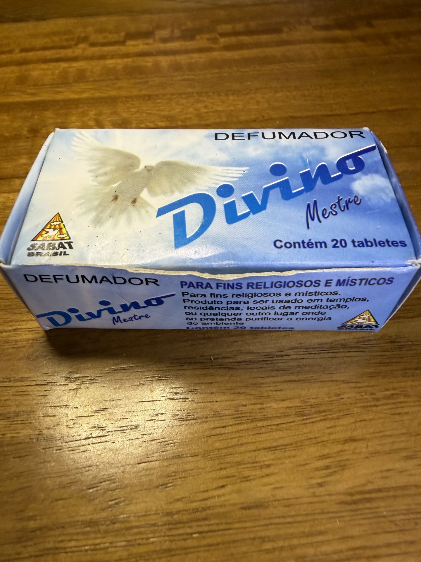 Caixa de defumador Divino Mestre com pomba e texto em português